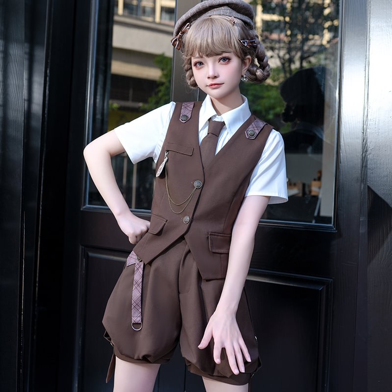 Ouji Fashion Brown Lolita Shirt Short Sleeve Overalls Prince Outfit