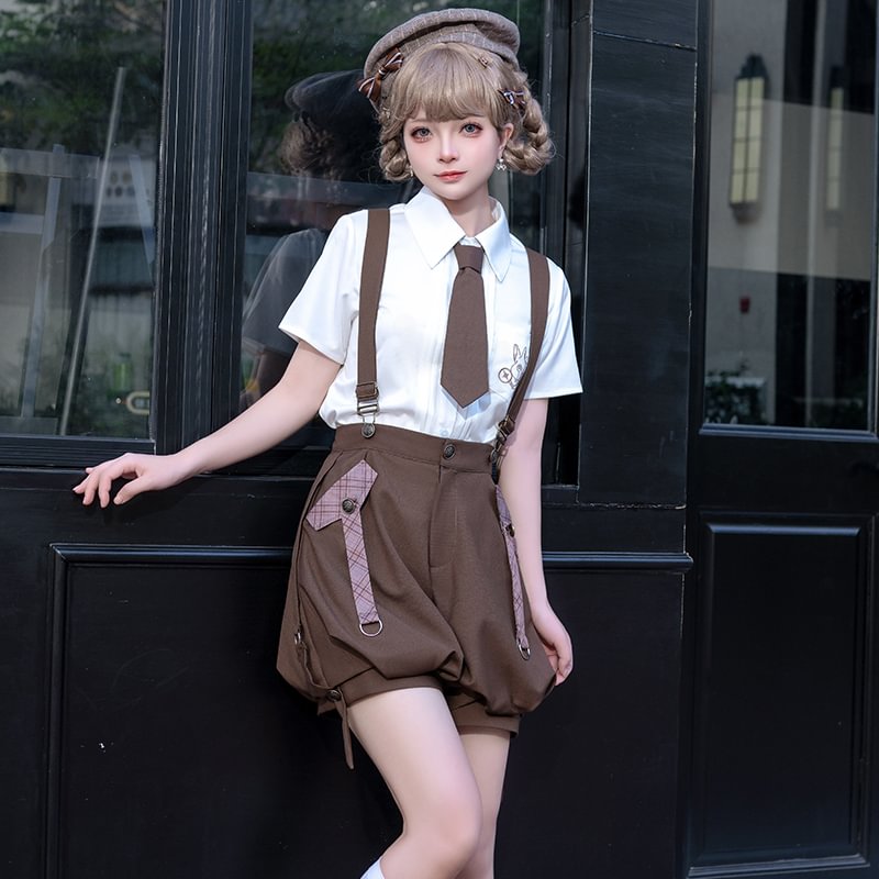 Ouji Fashion Brown Lolita Shirt Short Sleeve Overalls Prince Outfit