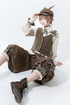 Ouji Fashion Coffee British Style Retro Spring and Autumn Cute Sweet Cool Vest Shirt Shorts Pants Prince Blouse Shirt