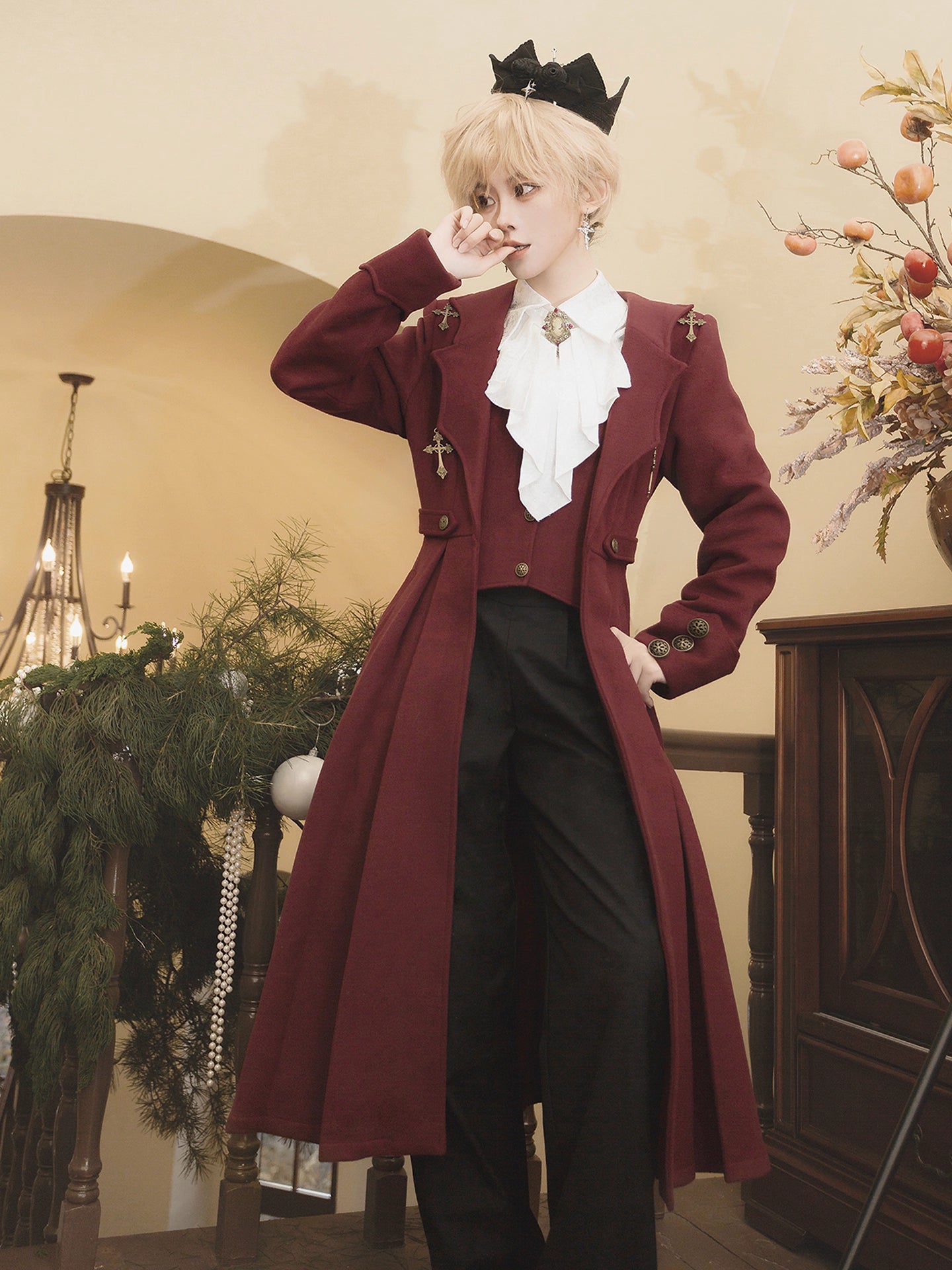 Crafted with aristocratic darkness, these tailored trousers blend Gothic romance and Victorian structure. The sharp lines and subtle brocade textures evoke a vampiric elegance, while functional details like hidden pockets and adjustable fastenings merge historical drama with modern wearability. Designed to pair with ruffled blouses and ornate coats, they anchor a hauntingly refined Ouji ensemble for winter nights shrouded in poetic mystery.