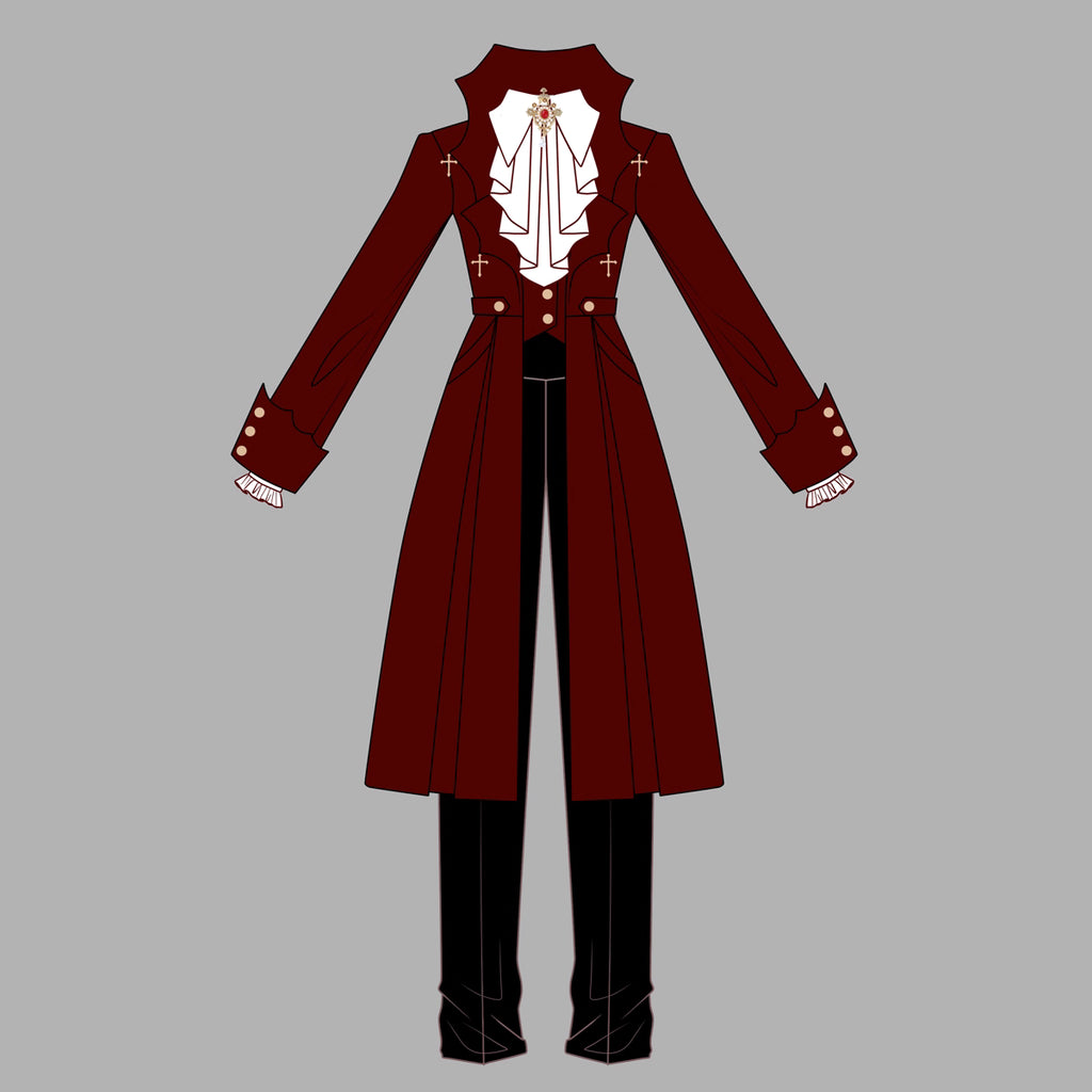 This Gothic-inspired ensemble reimagines the Dracula legend with a dark romantic aesthetic. The deep crimson palette and intricate medieval tailoring—featuring ruffled shirts, structured coats, and tailored trousers—evoke aristocratic elegance. Luxurious velvets and detailed metallic accents capture a haunting yet refined atmosphere, blending historical drama with Lolita fashion for a timelessly captivating&nbsp;statement.