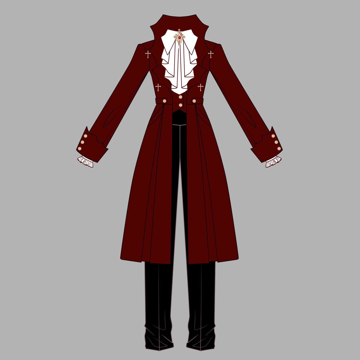 This Gothic-inspired ensemble reimagines the Dracula legend with a dark romantic aesthetic. The deep crimson palette and intricate medieval tailoring—featuring ruffled shirts, structured coats, and tailored trousers—evoke aristocratic elegance. Luxurious velvets and detailed metallic accents capture a haunting yet refined atmosphere, blending historical drama with Lolita fashion for a timelessly captivating&nbsp;statement.