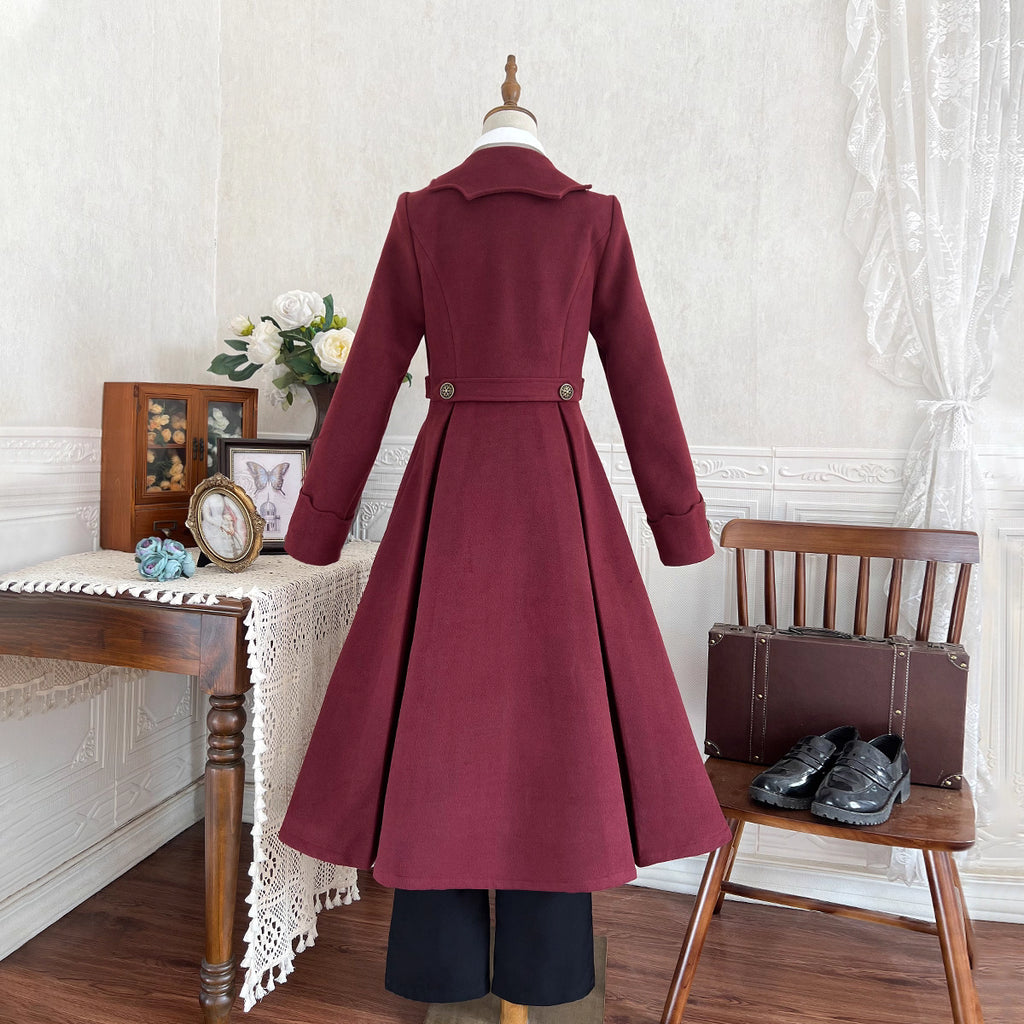 This Gothic-inspired ensemble reimagines the Dracula legend with a dark romantic aesthetic. The deep crimson palette and intricate medieval tailoring—featuring ruffled shirts, structured coats, and tailored trousers—evoke aristocratic elegance. Luxurious velvets and detailed metallic accents capture a haunting yet refined atmosphere, blending historical drama with Lolita fashion for a timelessly captivating&nbsp;statement.