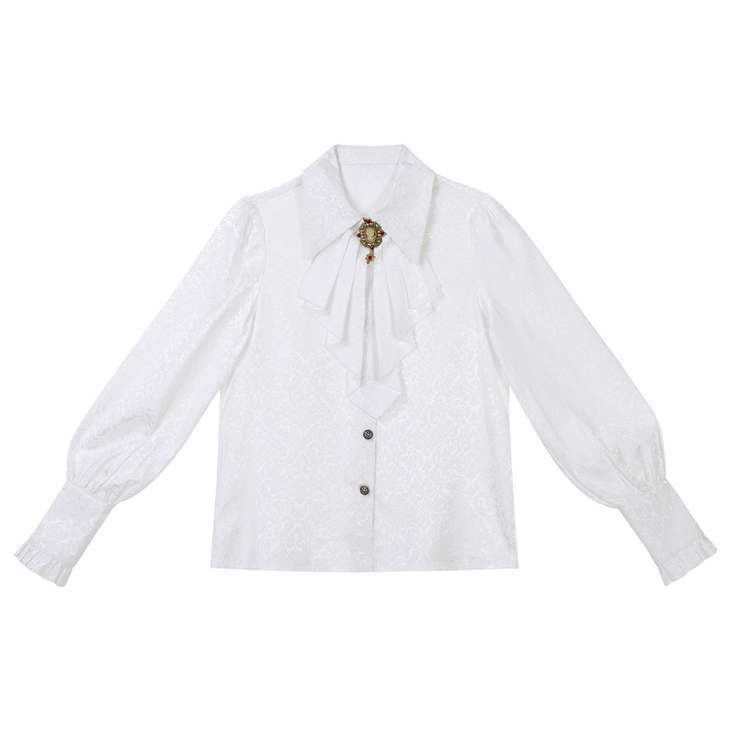 Inspired by the elegance of Gothic aristocracy, this white inner shirt combines Victorian purity with Dracula's enigmatic allure. Delicate lace trims and ruffled cuffs echo medieval romance, while crisp cotton fabric ensures refined comfort. Designed as a versatile layering piece, it contrasts dramatically with dark outer garments, embodying both innocence and mystery—a timeless base for creating captivating Ouji-Lolita ensembles.