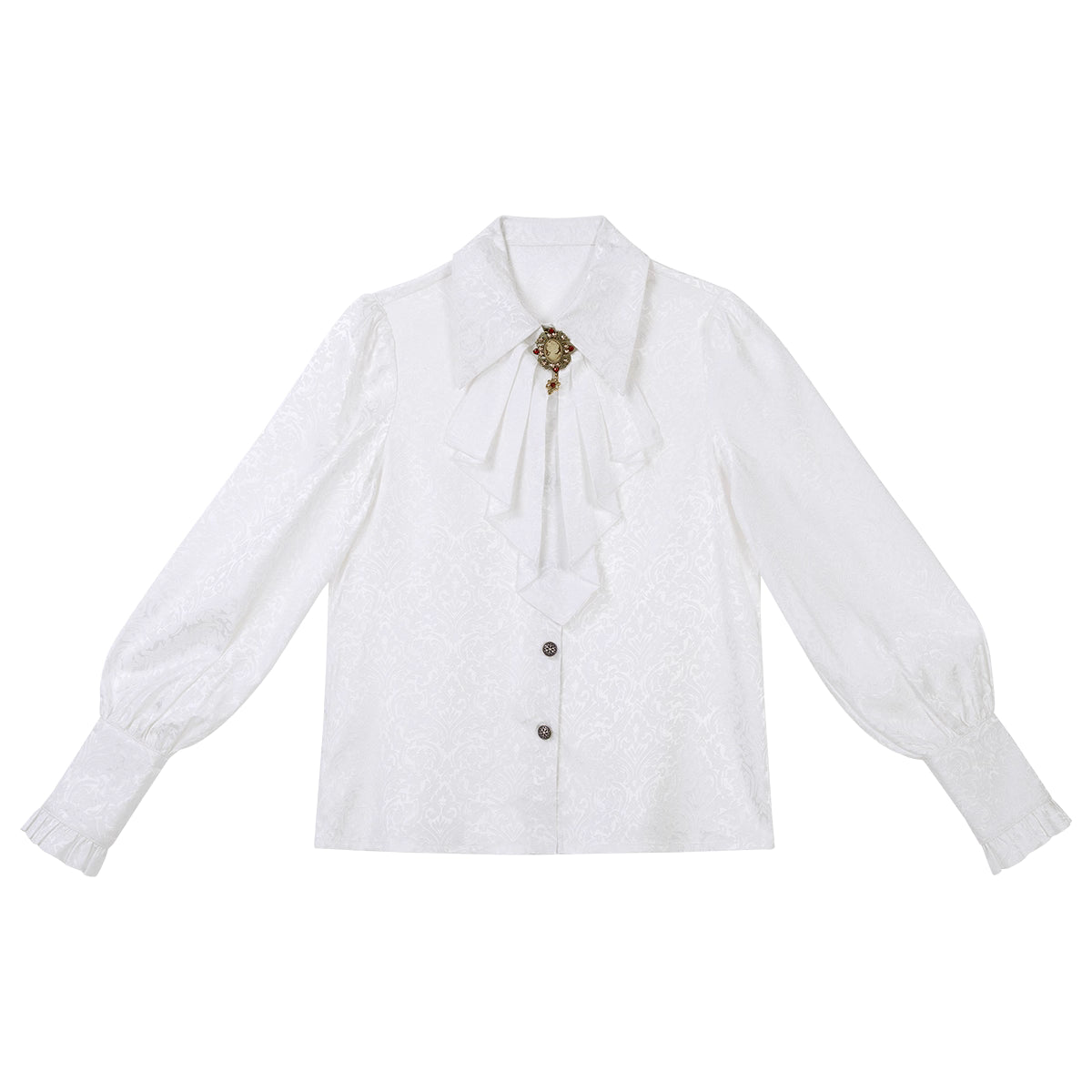 Inspired by the elegance of Gothic aristocracy, this white inner shirt combines Victorian purity with Dracula's enigmatic allure. Delicate lace trims and ruffled cuffs echo medieval romance, while crisp cotton fabric ensures refined comfort. Designed as a versatile layering piece, it contrasts dramatically with dark outer garments, embodying both innocence and mystery—a timeless base for creating captivating Ouji-Lolita ensembles.