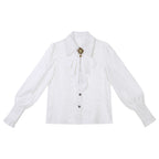 Inspired by the elegance of Gothic aristocracy, this white inner shirt combines Victorian purity with Dracula's enigmatic allure. Delicate lace trims and ruffled cuffs echo medieval romance, while crisp cotton fabric ensures refined comfort. Designed as a versatile layering piece, it contrasts dramatically with dark outer garments, embodying both innocence and mystery—a timeless base for creating captivating Ouji-Lolita ensembles.