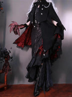 Gothic Lolita Cloak Shirt Set Black Red Ruffled Inspired Sweet Cape Blouse Ensemble
