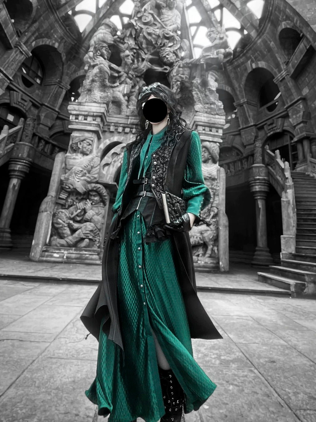 Ouji Fashion Black Green Goth Coat Shorts Set Tailored Handsome Vest
