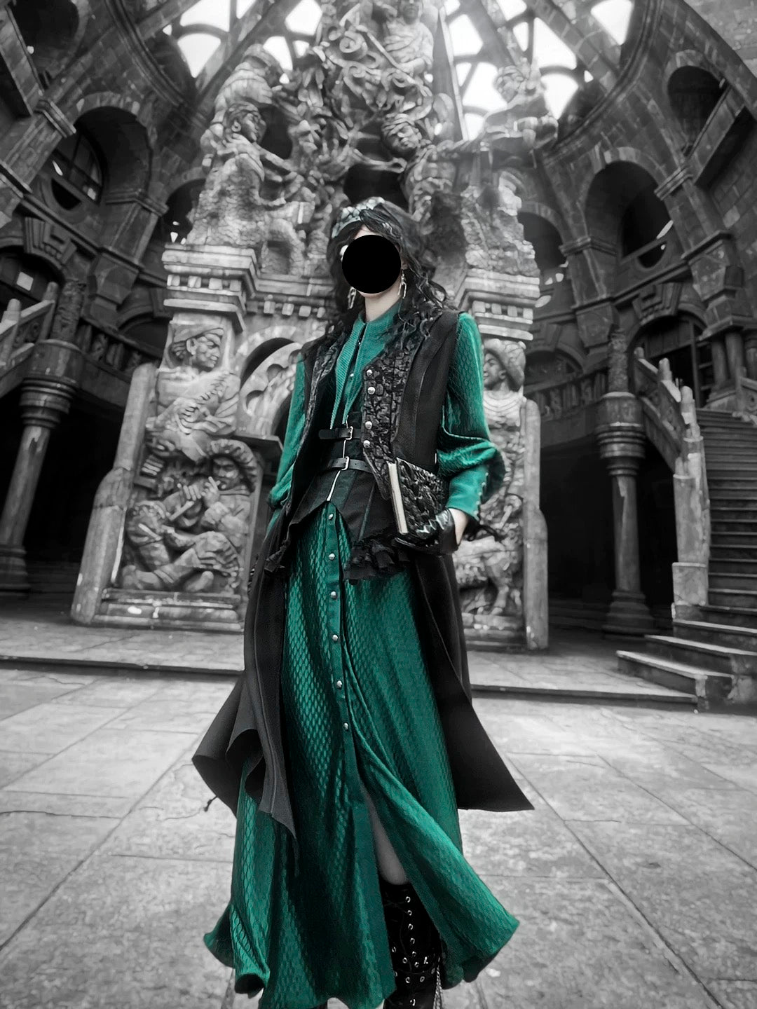 Ouji Fashion Black Green Goth Coat Shorts Set Tailored Handsome Vest