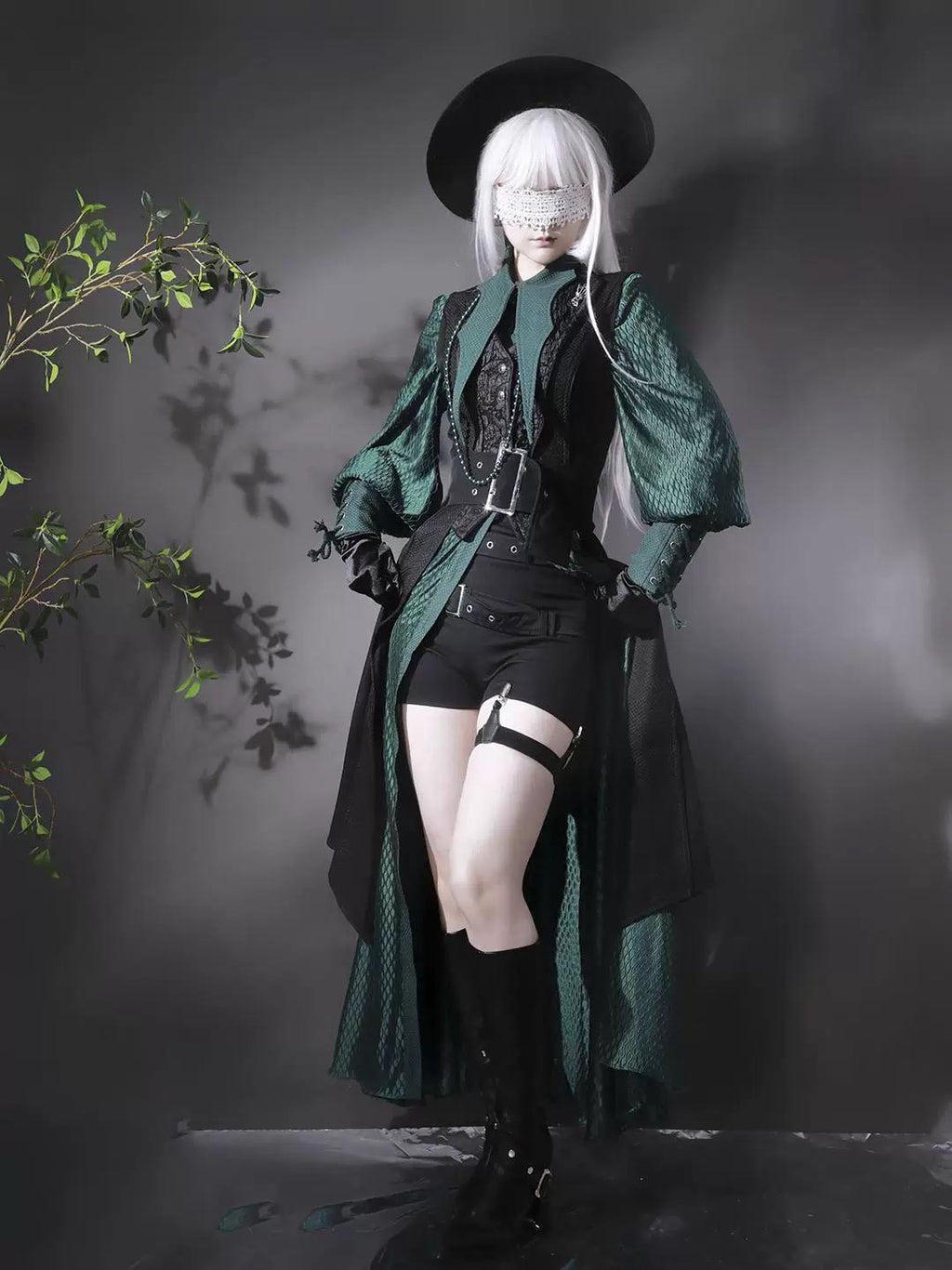 Ouji Fashion Black Green Goth Coat Shorts Set Tailored Handsome Vest