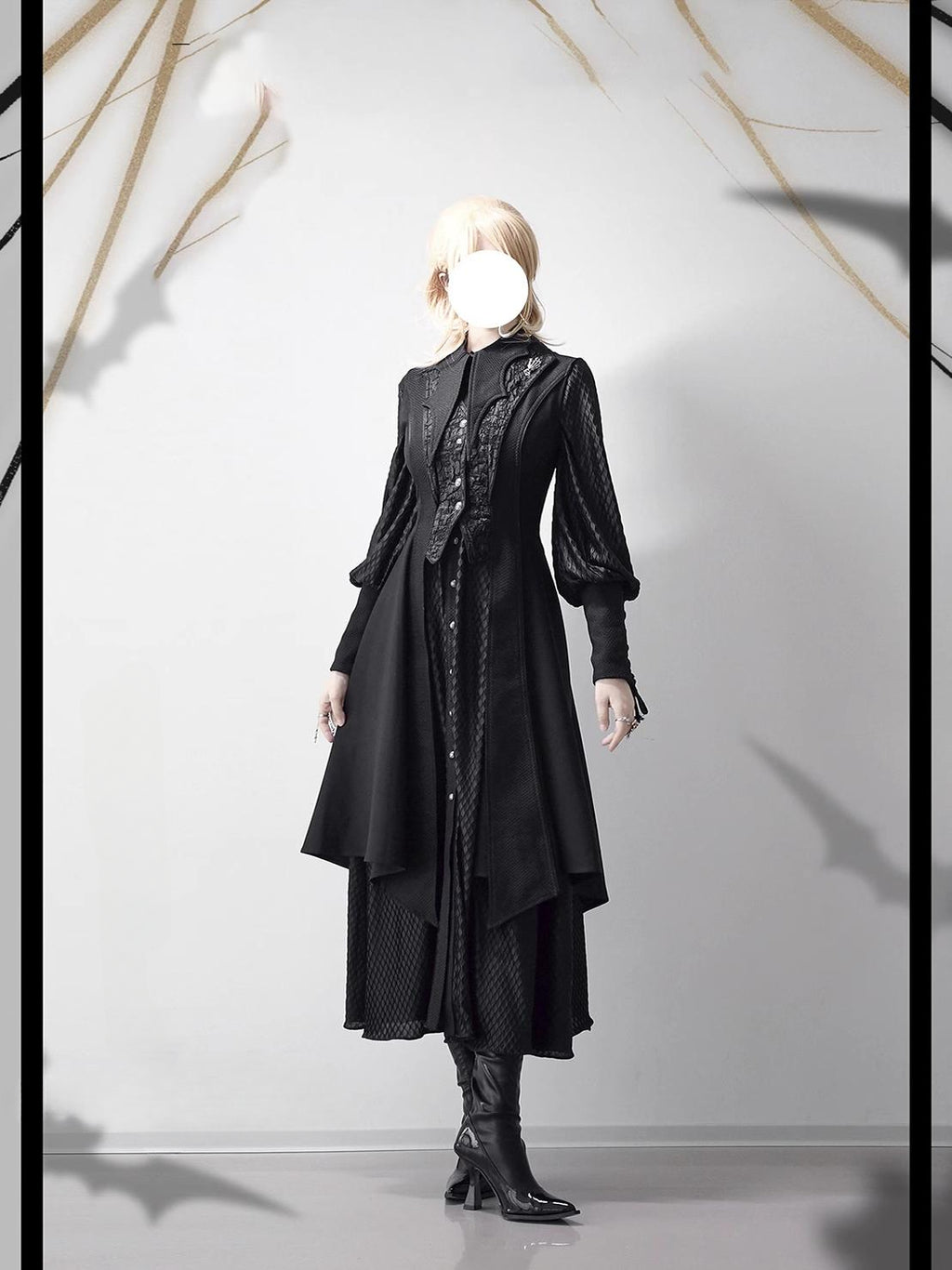 Ouji Fashion Black Green Goth Coat Shorts Set Tailored Handsome Vest