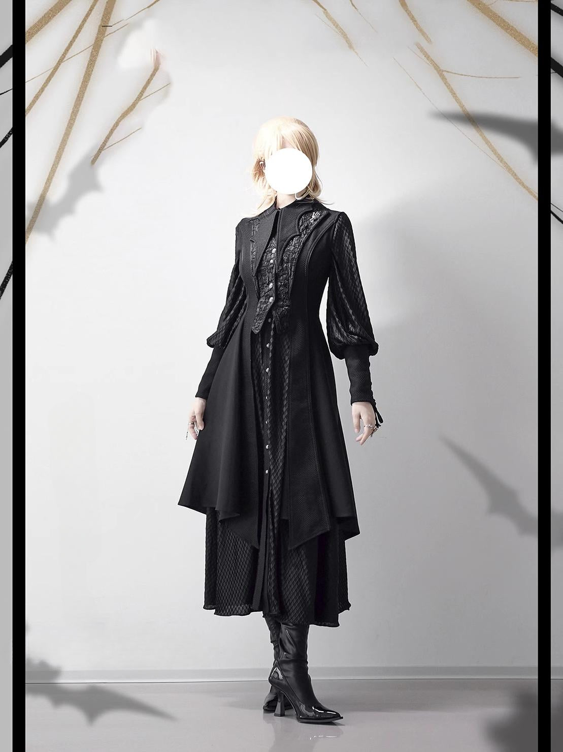 Ouji Fashion Black Green Goth Coat Shorts Set Tailored Handsome Vest