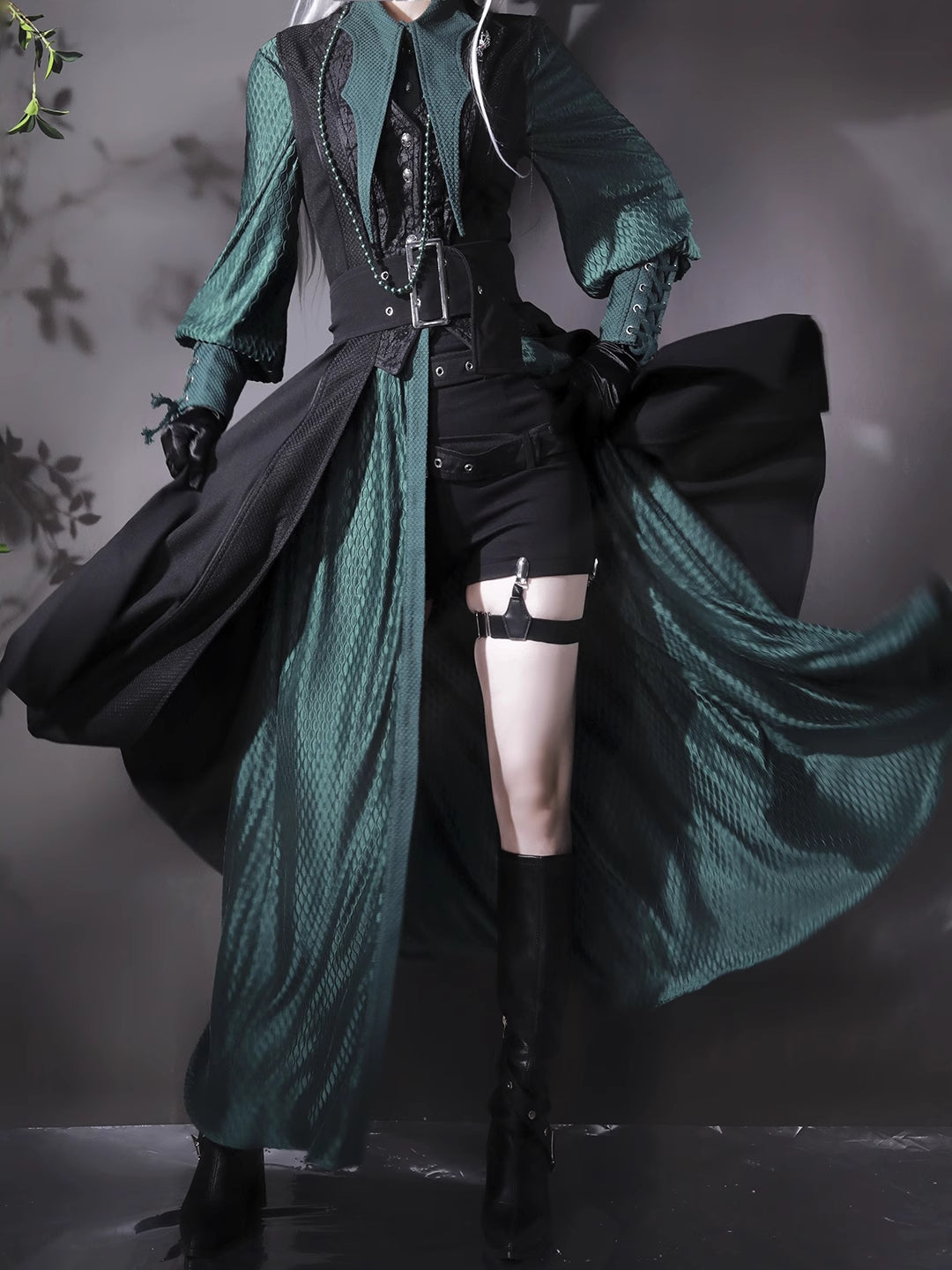 Ouji Fashion Black Green Goth Coat Shorts Set Tailored Handsome Vest