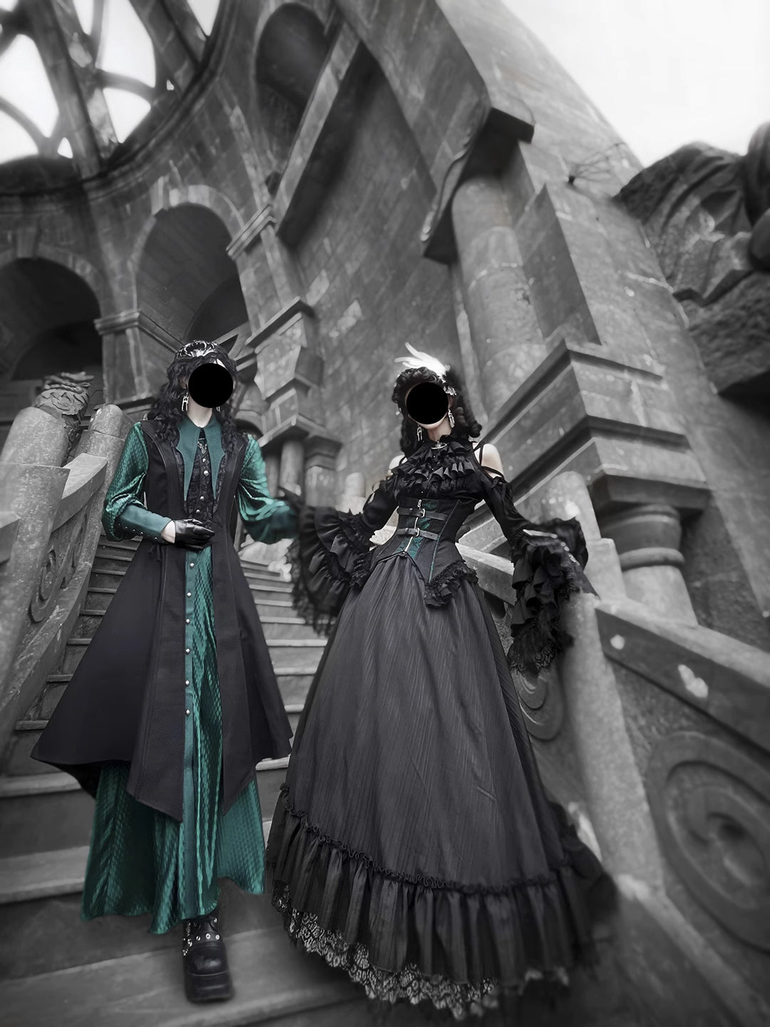 Ouji Fashion Black Green Goth Coat Shorts Set Tailored Handsome Vest