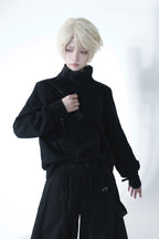 Ouji Fashion Gothic Lolita Set Black Burgundy Hooded Cloak with Long Wide Leg Pants Layered Shawl Blouse