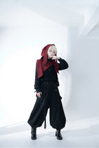 Ouji Fashion Gothic Lolita Set Black Burgundy Hooded Cloak with Long Wide Leg Pants Layered Shawl Blouse