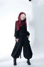 Ouji Fashion Gothic Lolita Set Black Burgundy Hooded Cloak with Long Wide Leg Pants Layered Shawl Blouse