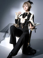 Ouji Fashion Gothic Regal Lolita Ensemble Black Gold Embroidered Tailcoat Ruffled Blouse Tailored Pants