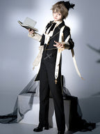 Ouji Fashion Gothic Regal Lolita Ensemble Black Gold Embroidered Tailcoat Ruffled Blouse Tailored Pants