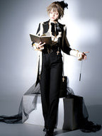 Ouji Fashion Gothic Regal Lolita Ensemble Black Gold Embroidered Tailcoat Ruffled Blouse Tailored Pants