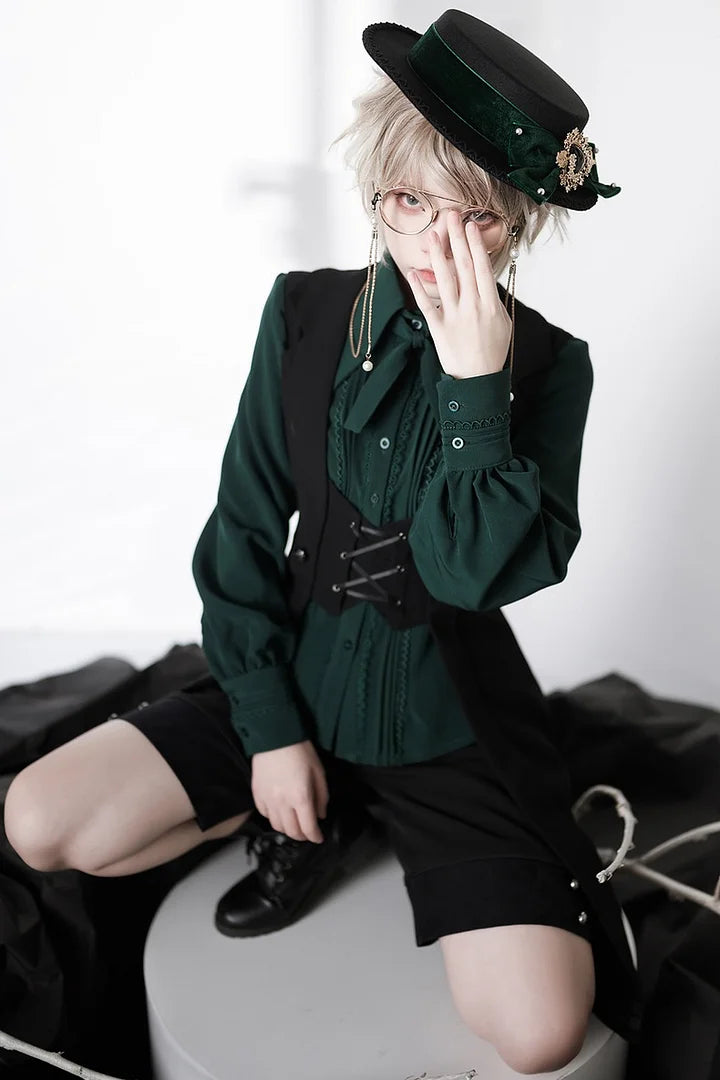 Ouji Fashion Lolita Black Vintage Medieval Vest Elegant Royal Style Shorts