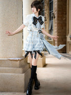 Ouji Fashion Lolita Dress Set Light Blue Ruffled Suspender Shorts Bow Top