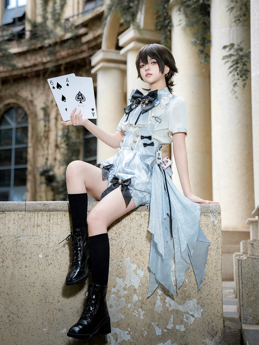 Ouji Fashion Lolita Dress Set Light Blue Ruffled Suspender Shorts Bow Top