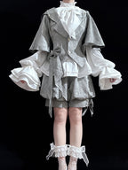 Ouji Fashion Lolita Gothic Vintage Lolita Set Grey Tone Embroidered Vest with Puff Shorts Ruffle