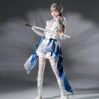 Ouji Fashion Lolita Layered Blue White Embroidered Suit Ruffled Hem Short Length Outfit