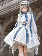 Ouji Fashion Lolita Military White - Blue Suit Long Sleeved Embroider Set Dresses