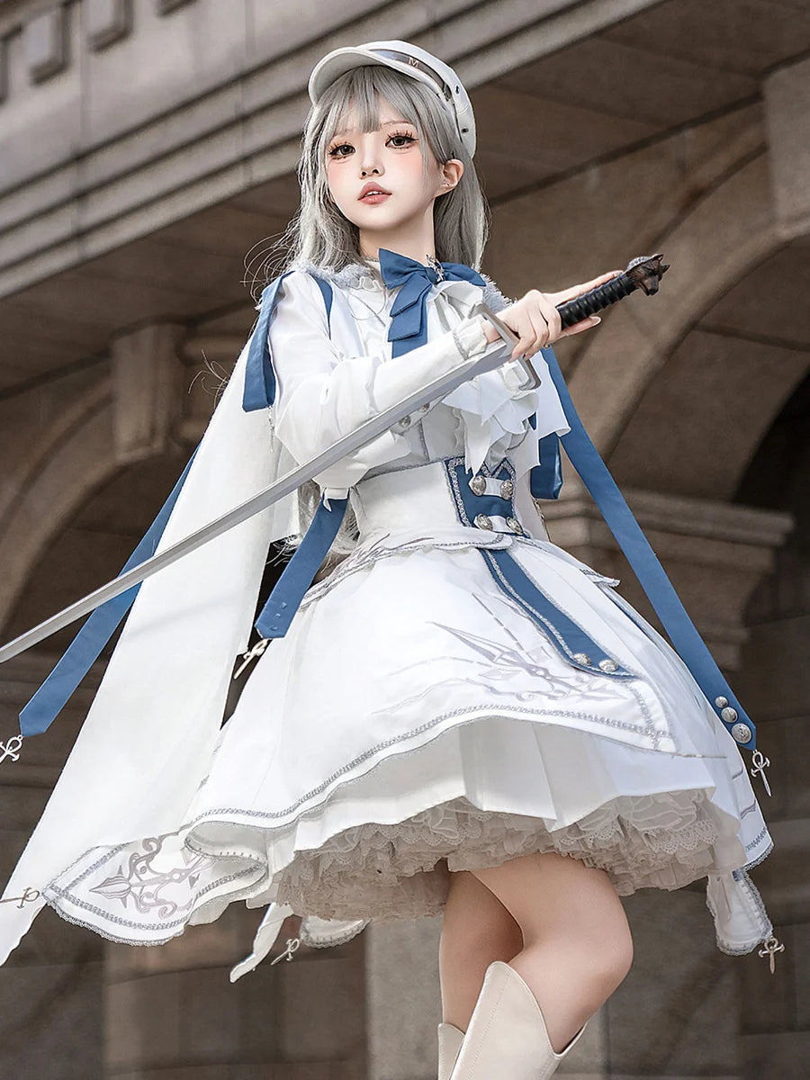 Ouji Fashion Lolita Military White - Blue Suit Long Sleeved Embroider Set Dresses