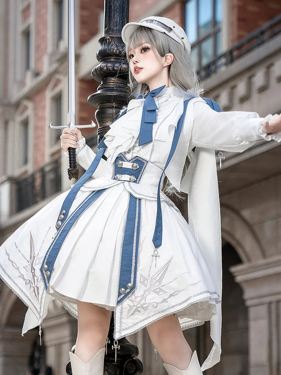 Ouji Fashion Lolita Military White - Blue Suit Long Sleeved Embroider Set Dresses