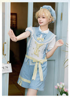 Ouji Fashion Lolita Outfit Set Meow Team Sweet Prince Style Summer Short Overalls with Red Blue