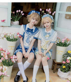 Ouji Fashion Lolita Outfit Set Meow Team Sweet Prince Style Summer Short Overalls with Red Blue