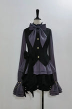 Ouji Fashion Lolita Outfit Vintage Gothic Purple Bow Shirt Black Vest Shorts Elegant Prince Style Blouse Shirt