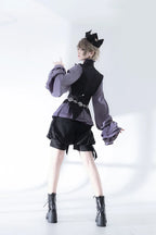 Ouji Fashion Lolita Outfit Vintage Gothic Purple Bow Shirt Black Vest Shorts Elegant Prince Style Blouse Shirt
