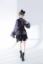 Ouji Fashion Lolita Outfit Vintage Gothic Purple Bow Shirt Black Vest Shorts Elegant Prince Style Blouse Shirt
