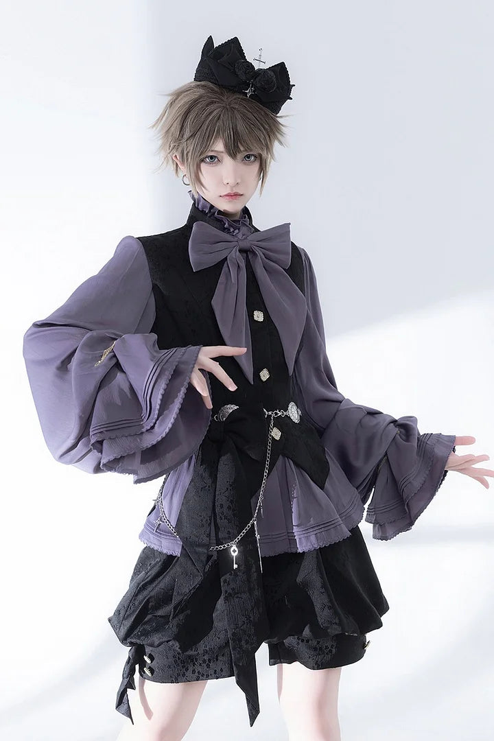 Ouji Fashion Lolita Outfit Vintage Gothic Purple Bow Shirt Black Vest Shorts Elegant Prince Style Blouse Shirt