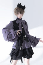 Ouji Fashion Lolita Outfit Vintage Gothic Purple Bow Shirt Black Vest Shorts Elegant Prince Style Blouse Shirt