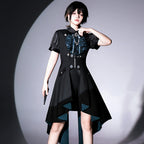 Ouji Fashion Lolita Set Black Teal Ruffled Steampunk Long Coat Outfit