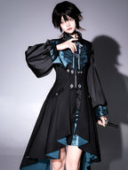 Ouji Fashion Lolita Set Black Teal Ruffled Steampunk Long Coat Outfit