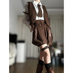 Ouji Fashion Lolita Set Brown Steampunk Detective White Shirt Vest Short Pants Outfit