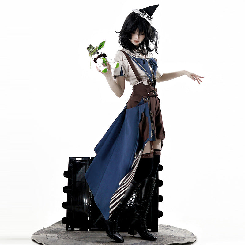 Ouji Fashion Lolita Steampunk Set Navy Brown Layer Collar Shirt with Suspender Shorts