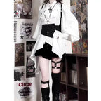 Ouji Fashion Lolita Set Gothic Lolita DressWhite Black Ruffled Asymmetric Shirt Belted Skort Outfit