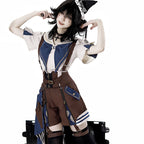 Ouji Fashion Lolita Steampunk Set Navy Brown Layer Collar Shirt with Suspender Shorts