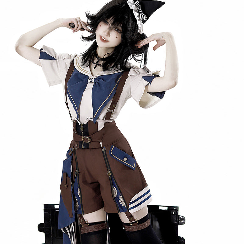 Ouji Fashion Lolita Steampunk Set Navy Brown Layer Collar Shirt with Suspender Shorts