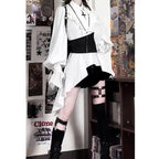 Ouji Fashion Lolita Set Gothic Lolita DressWhite Black Ruffled Asymmetric Shirt Belted Skort Outfit