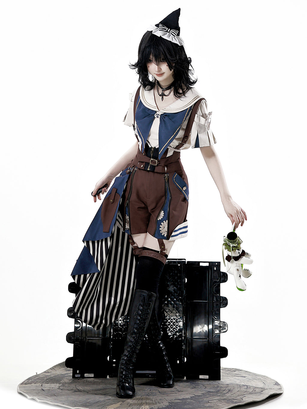 Ouji Fashion Lolita Steampunk Set Navy Brown Layer Collar Shirt with Suspender Shorts