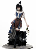 Ouji Fashion Lolita Steampunk Set Navy Brown Layer Collar Shirt with Suspender Shorts