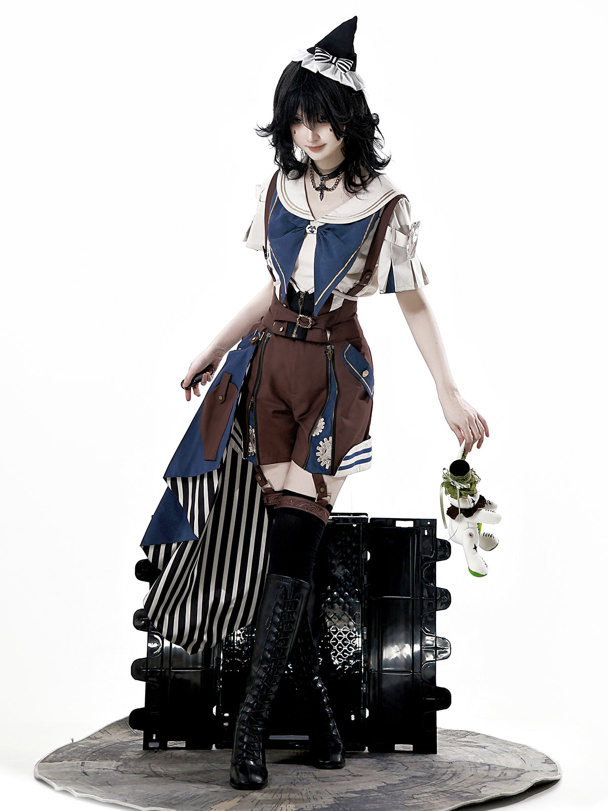 Ouji Fashion Lolita Steampunk Set Navy Brown Layer Collar Shirt with Suspender Shorts